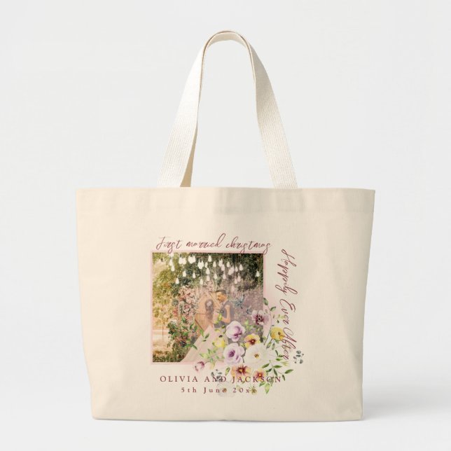 1 Photo Newlyweds 1st Married Christmas Pink Text Large Tote Bag (Front)
