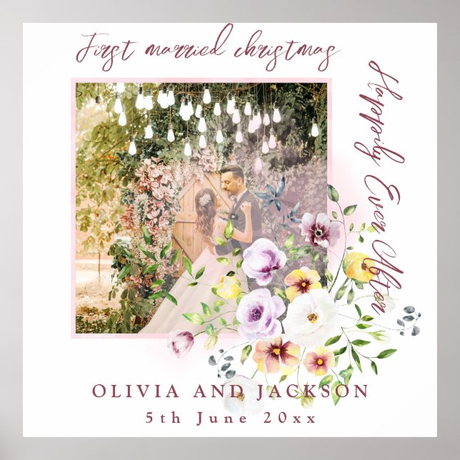 1 Photo Newlyweds 1st Married Christmas Pink Text Poster (Front)