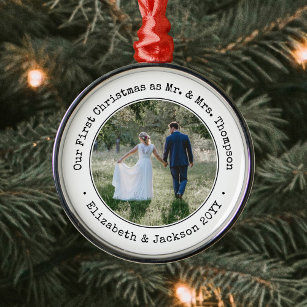 1 Photo Newlyweds First Christmas Black and White Metal Tree Decoration