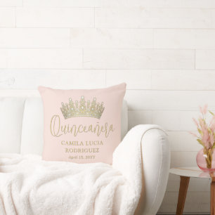 1 Photo Quinceañera Blush Pink & Gold Keepsake Cushion
