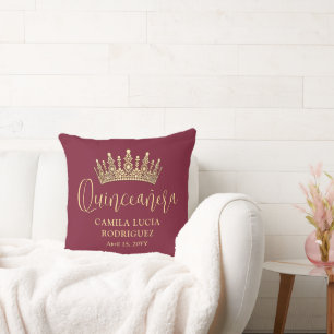 1 Photo Quinceañera Crown Burgundy & Gold Keepsake Cushion