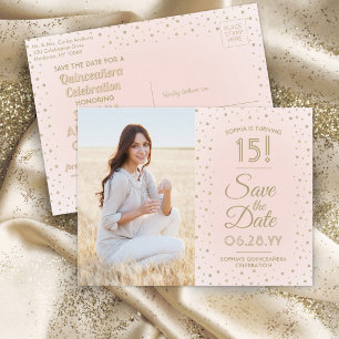1 Photo Quinceanera Save the Date Pink and Gold Invitation Postcard