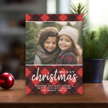 1 Photo Red Black Buffalo Plaid Merry Christmas Holiday Card<br><div class="desc">Use a horizontal photo -- Make a unique and trendy Merry Christmas greeting with a rustic farmhouse red and black plaid pattern on the front and back. If you need to move anything around,  click on the customise button to make changes.</div>