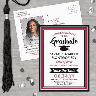 1 Photo Red Black White Graduation Save the Date Announcement Postcard