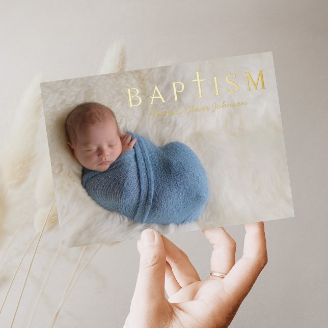 1 Photo Religious Cross Blue Boy Baptism Gold (1 Photo Religious Cross Blue Boy Baptism Gold Foil Invitation)