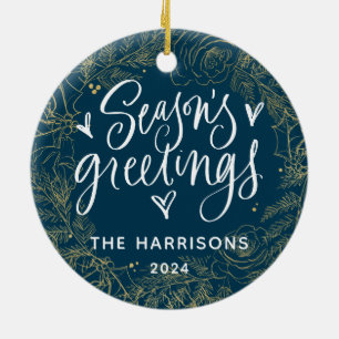 1-Photo Season's Greetings Navy Blue Two-Sided Ceramic Tree Decoration