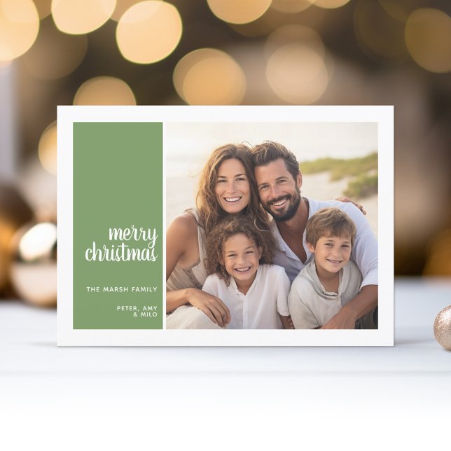 1 Photo - Simple Minimal Christmas green christmas Holiday Card (1 Photo Modern Christmas Card - mod Calligraphy - green background - download option available)
