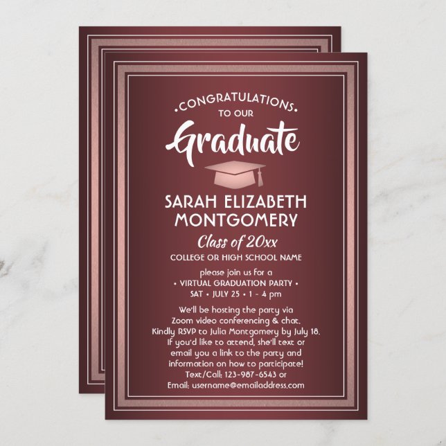 1 Photo Virtual Graduation Burgundy Pink Rose Gold Invitation (Front/Back)