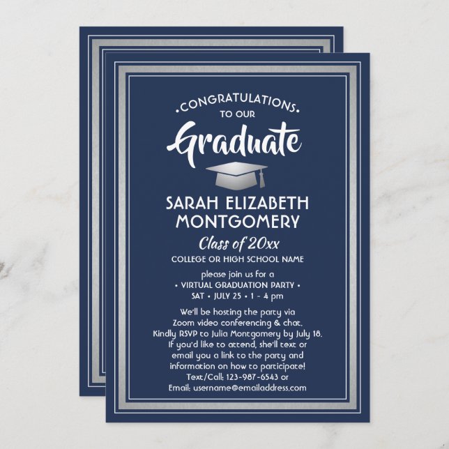 1 Photo Virtual Graduation Navy Blue White Silver Invitation (Front/Back)