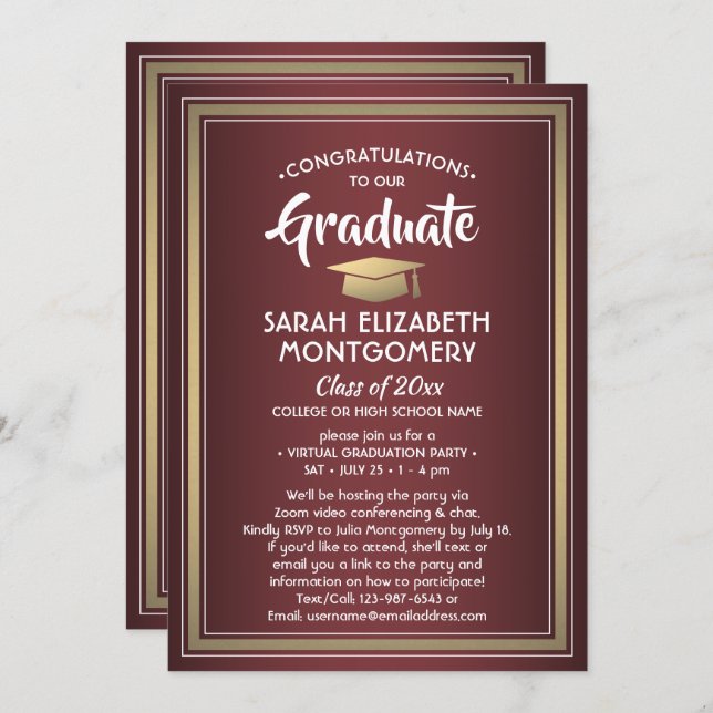 1 Photo Virtual Graduation Party Burgundy and Gold Invitation (Front/Back)
