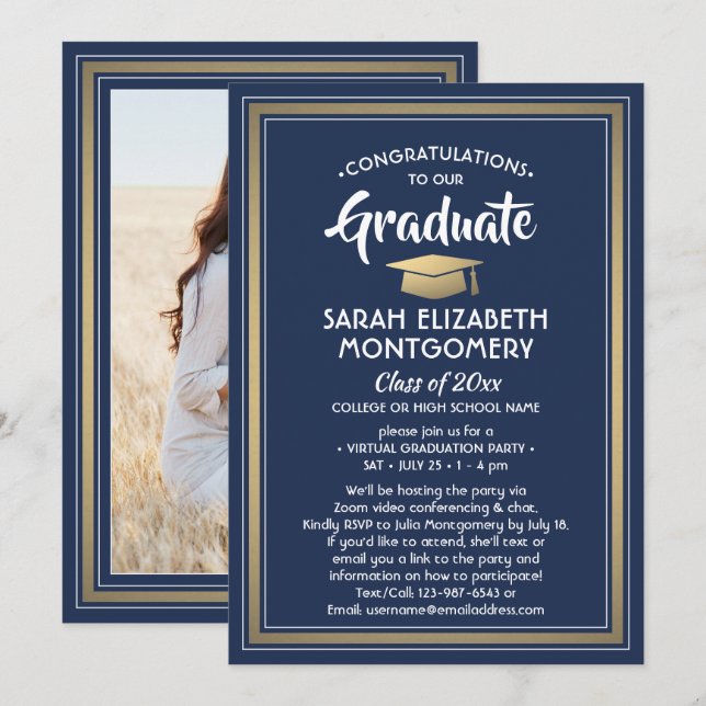 1 Photo Virtual Graduation Party Navy Blue & Gold Invitation (Front/Back)