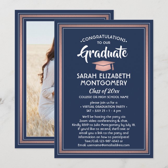 1 Photo Virtual Graduation Party Navy Blue & Pink Invitation (Front/Back)