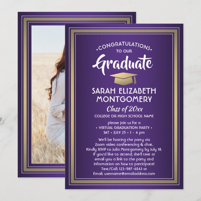 1 Photo Virtual Graduation Party Purple Gold White Invitation (Front/Back)