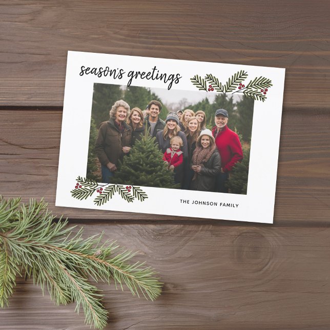 1 Photo with Modern Pine Branches Calligraphy Holiday Card (Merry Christmas Card with 1 photo and whimsical branches)