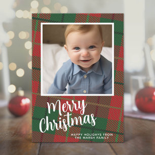 1 Photo with Script and Retro Plaid Pattern green Holiday Card