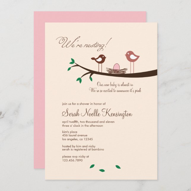 1 Pink Egg Nesting Birds Baby Shower Invitation (Front/Back)