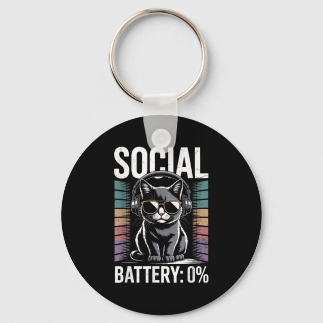 1% Social Battery Sarcastic Funny Introverted Cat  Key Ring (Front)