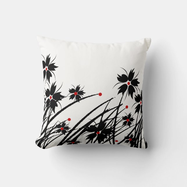 1 Square Pillow Floral Red Black White (Front)