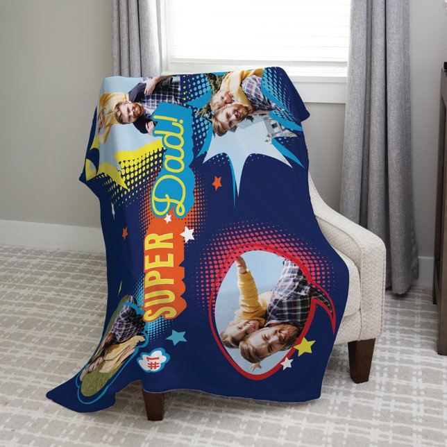 #1 Super Dad Comic Book Bubbles Custom Four Photos Fleece Blanket (Creator Uploaded)
