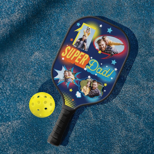 #1 Super Dad Comic Book Bubbles Custom Four Photos Pickleball Paddle (#1 Super Dad Comic Book Bubbles Custom Four Photos Pickleball Paddle)