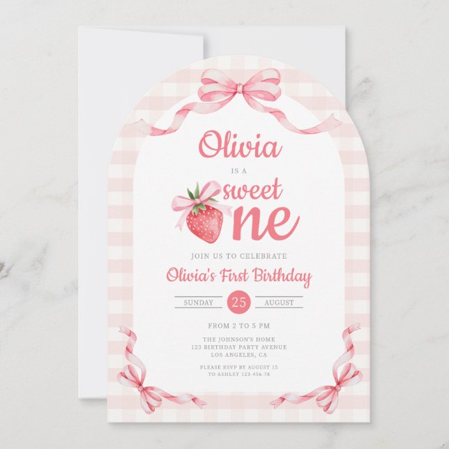 1 Sweet One Strawberry Girl 1st Birthday Invitation (Front)