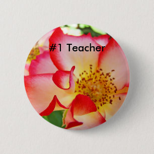 #1 Teacher buttons RED White Rose Flowers Bright