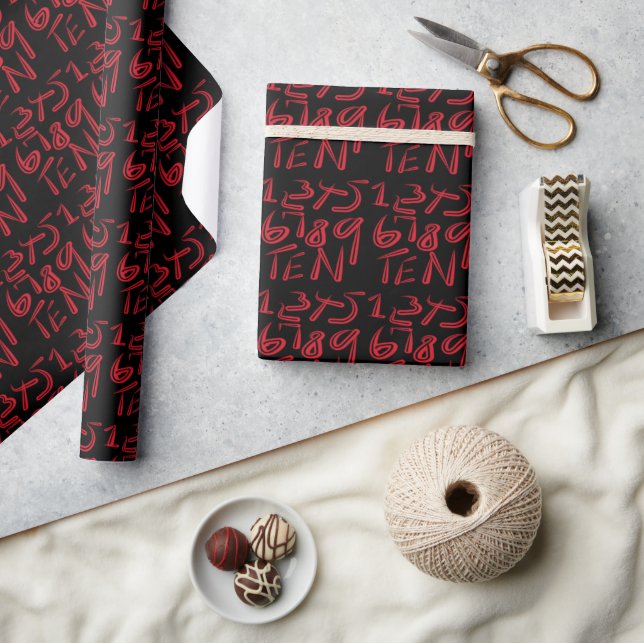 1 Thru Ten Typography In Red On Black Pattern Wrapping Paper (Crafts)