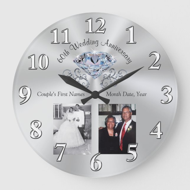 1 to 2 Photos and Your Text 60th Anniversary Gifts Large Clock (Front)