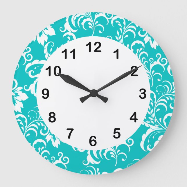 1 Wall Clock Teal Blue White Damask Floral (Front)
