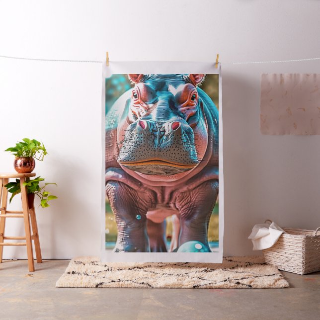 1 Yard Whimsical Hippo Turquoise Blue Pink Fabric (In Situ)