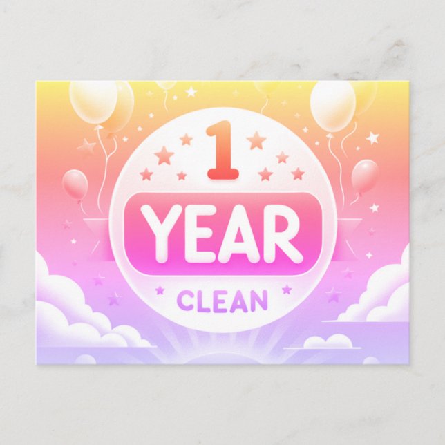 1 year clean sobriety postcard neon bright pink  (Front)