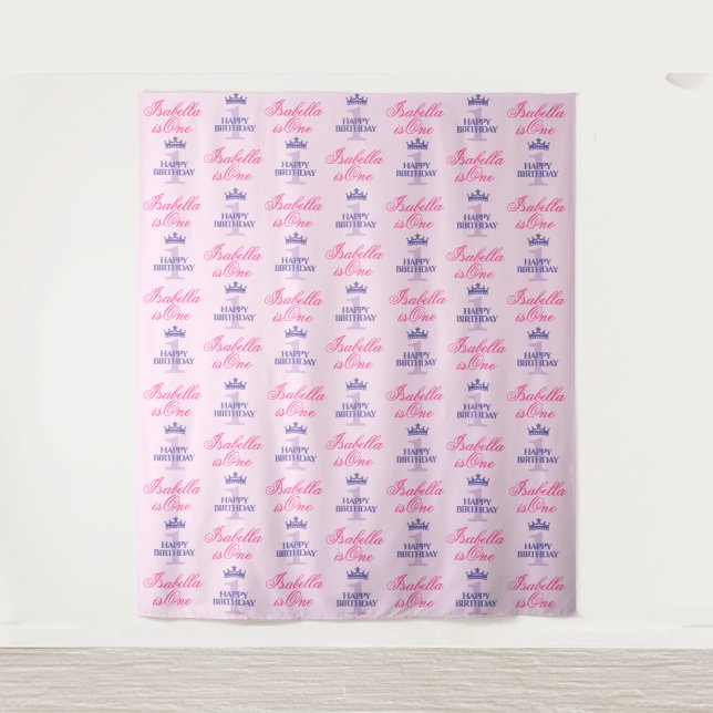 1 Year Old Birthday Girl Backdrop Step and Repeat Tapestry (Front)