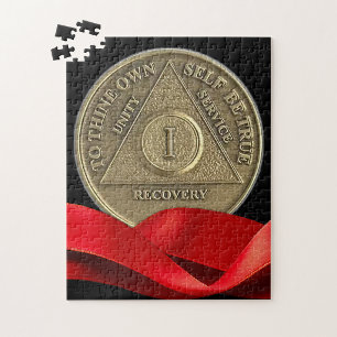 1 Year Sober Recovery Anniversary Coin Red Ribbon Jigsaw Puzzle