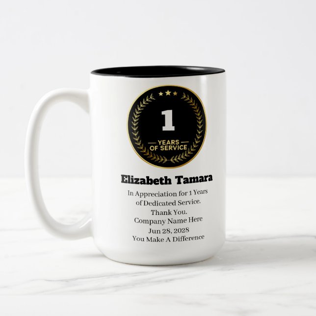 1 Year Work Anniversary | Employee Appreciation Two-Tone Coffee Mug (Left)