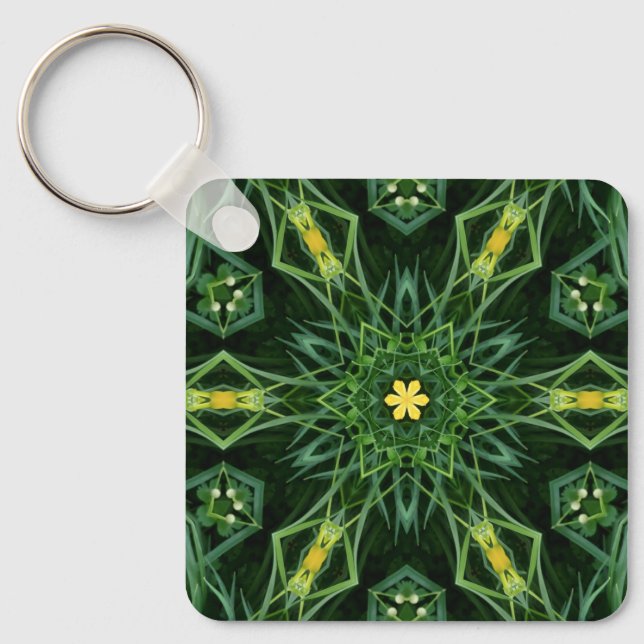1A Unique Colourful Green Yellow Mandala Key Ring (Front)