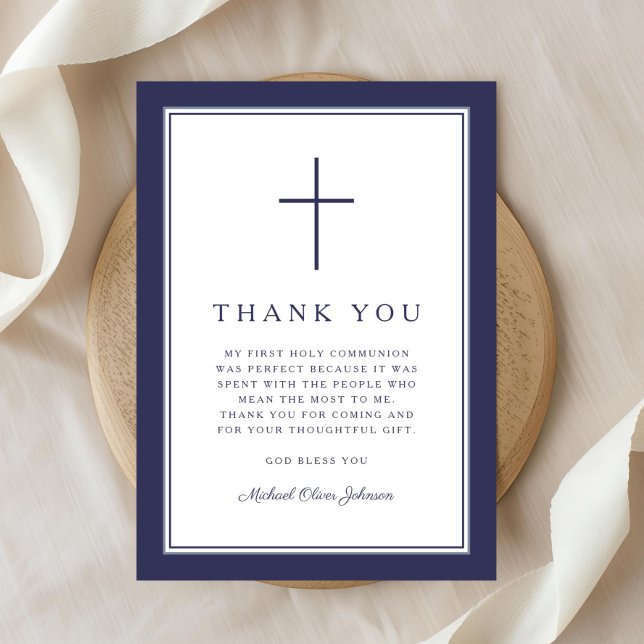 1Elegant Navy Blue Cross Boy First Communion Thank You Card (Elegant Navy Blue Cross Boy First Communion Thank You Card)