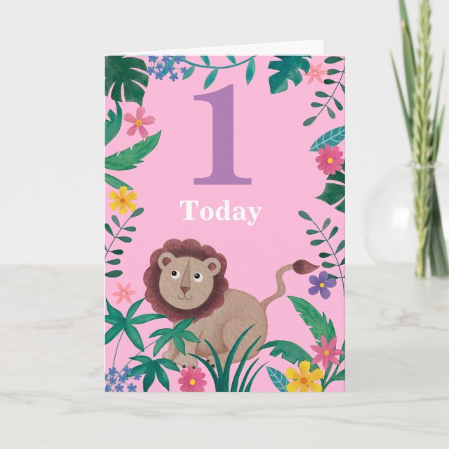 1sr Birthday  floral Little Jungle Lion Card (Front)