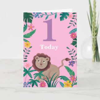 1sr Birthday floral Little Jungle Lion Card