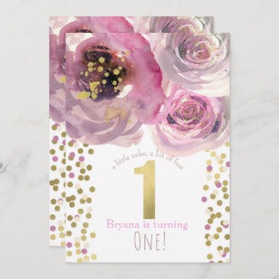 1st 1 Birthday Party Pink & Gold Modern Floral Invitation
