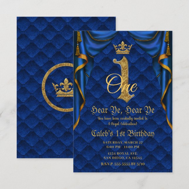 1st 1 ONE Birthday Party Royal Blue Gold Crown   Invitation (Front/Back)