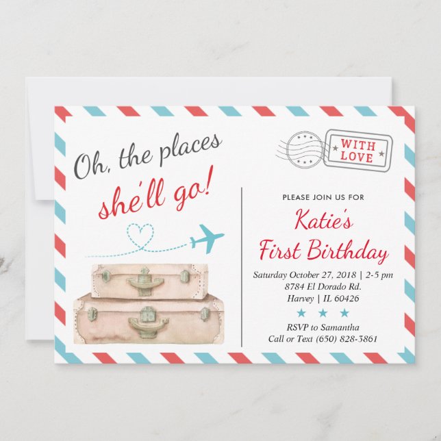 1st 2nd 3rd Aeroplane Travel Birthday Party Girl Invitation (Front)