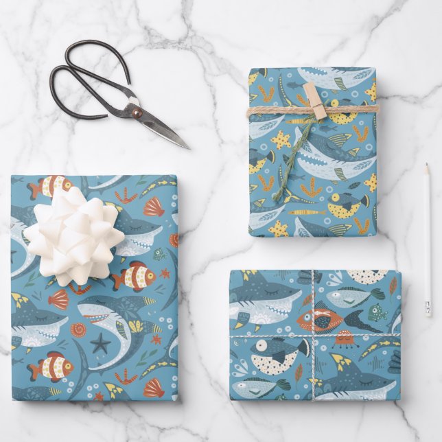 1st 2nd 3rd Birthday Baby Shark Ocean Sea Boys Wrapping Paper Sheet (Front)