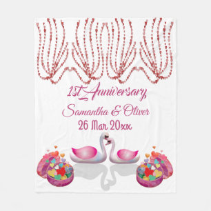 1st Anniversary 2 Swans Love Sweeping Hearts Wings Fleece Blanket