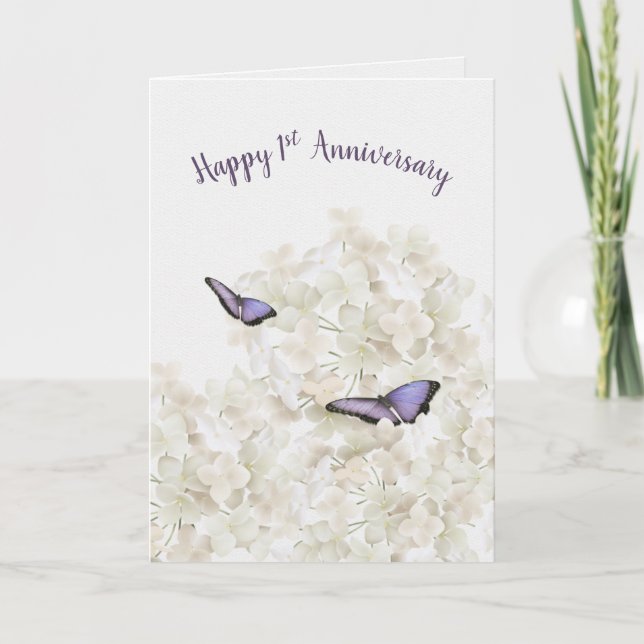 1st Anniversary Butterflies on White Hydrangea  Card (Front)