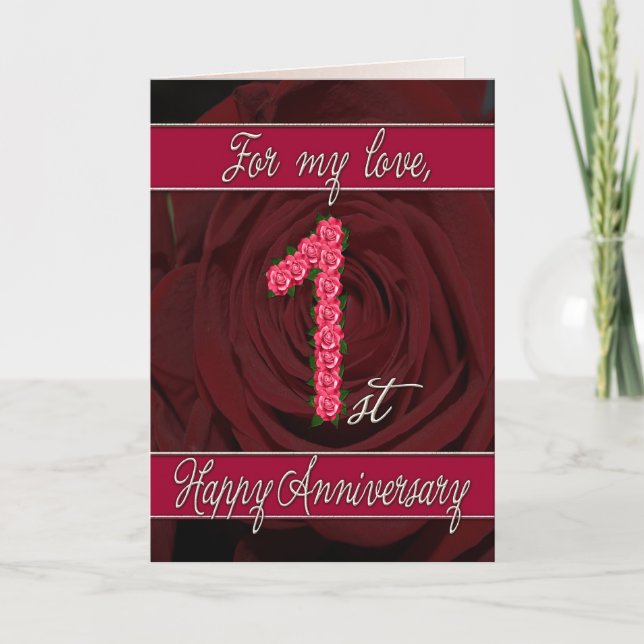 1st anniversary card with roses and leaves (Front)