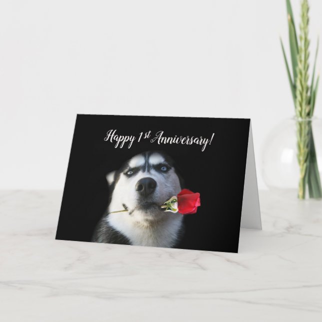1st Anniversary Cute Husky and Rose Love Holiday Card (Front)