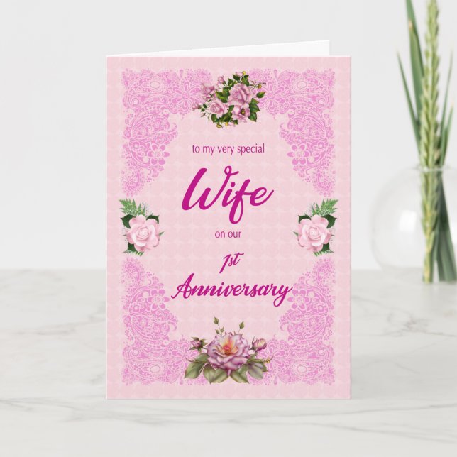 1st Anniversary for Wife with Pink Roses Card (Front)