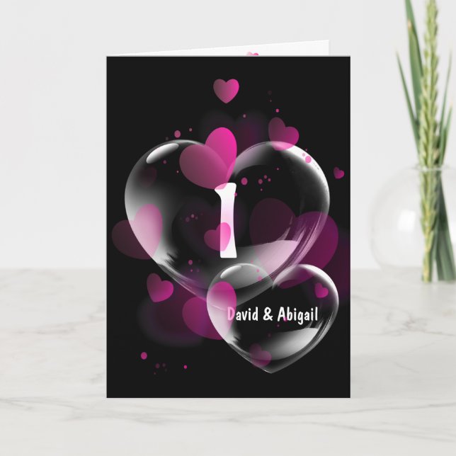 1st Anniversary Heart Bubbles on Black  Card (Front)