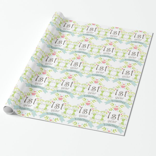 1st Anniversary Love Heart Gift Wrap (Unrolled)