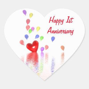 1st Anniversary Red Heart and Balloons Heart Sticker